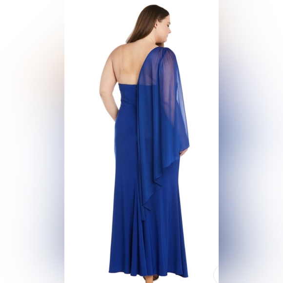 NWT! R&M Richards Cobalt Blue One-Shoulder Cape Gown With Rhinestone Detail - Picture 2 of 13